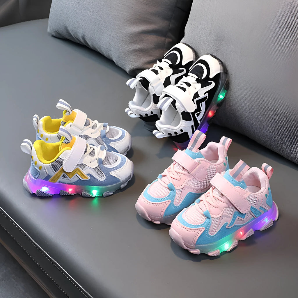 Kids sneakers with mesh upper and Velcro straps in black, grey or pink colours