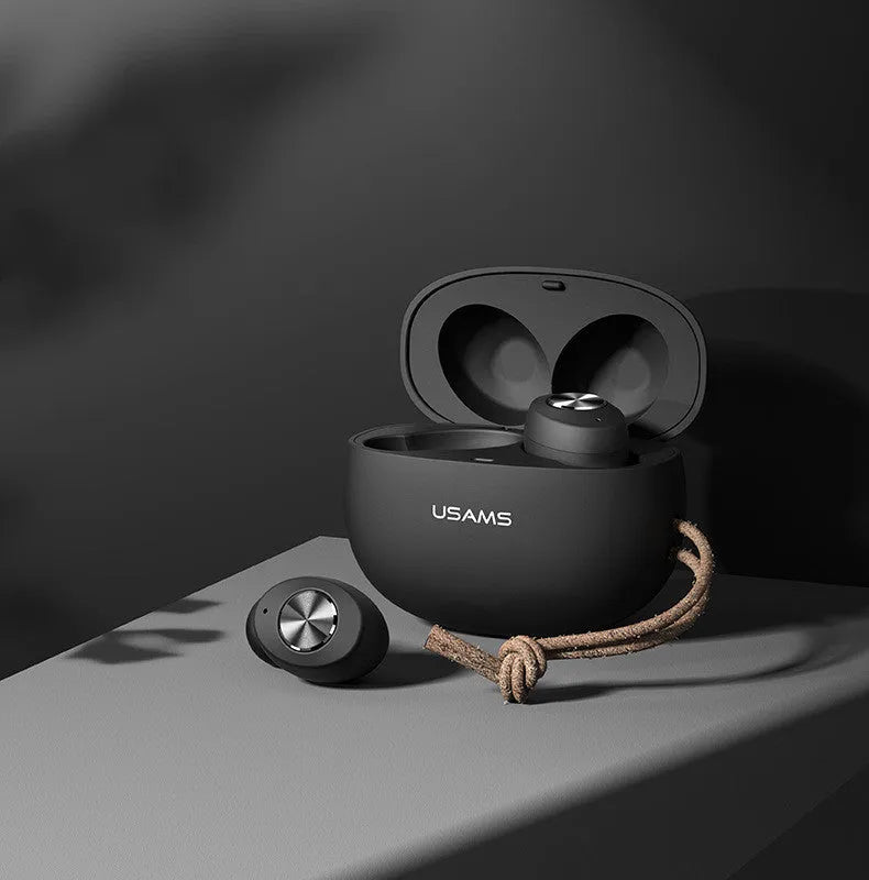 Wireless Bluetooth mini TWS earbuds and charging case in black, white, or green.