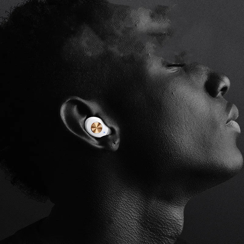 Wireless Bluetooth mini TWS earbuds and charging case in black, white, or green.