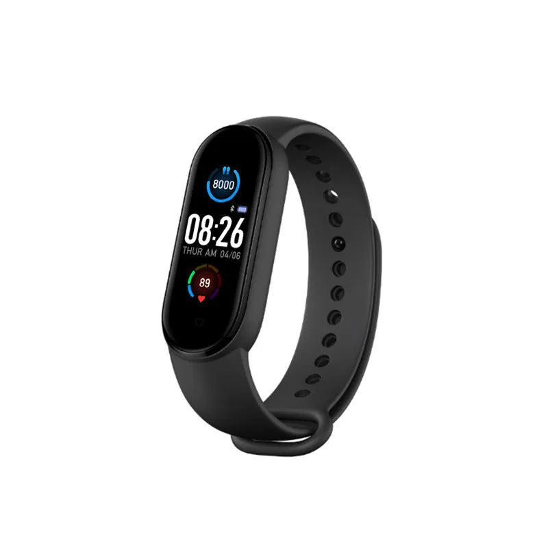 M5 smart fitness bracelet in black showing heart rate monitor on 0.96-inch touch screen.