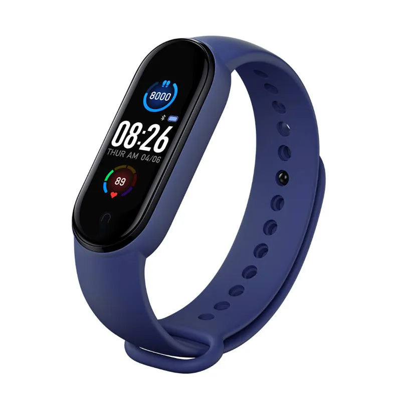 M5 smart fitness bracelet in black showing heart rate monitor on 0.96-inch touch screen.