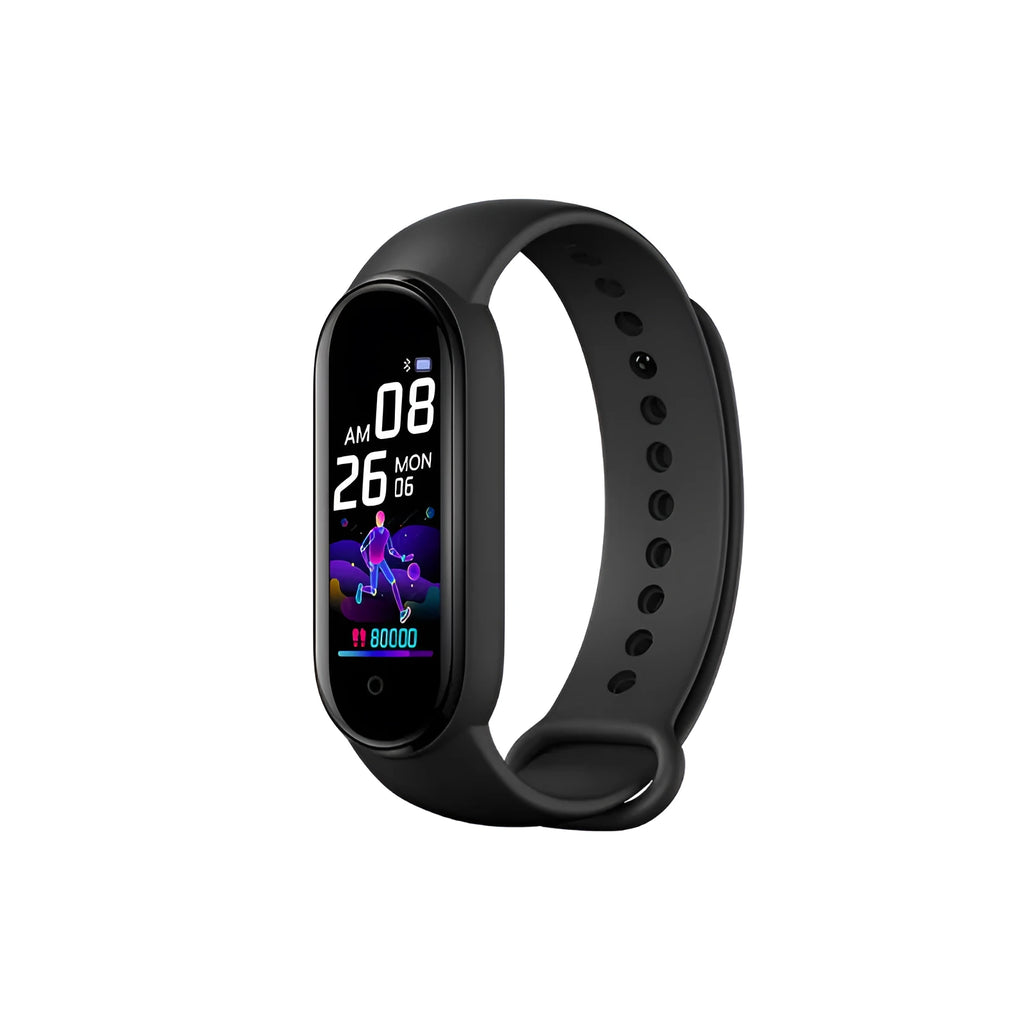 M5 smart fitness bracelet in black showing heart rate monitor on 0.96-inch touch screen.