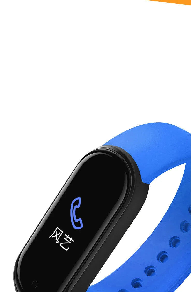 M5 smart fitness bracelet in black showing heart rate monitor on 0.96-inch touch screen.