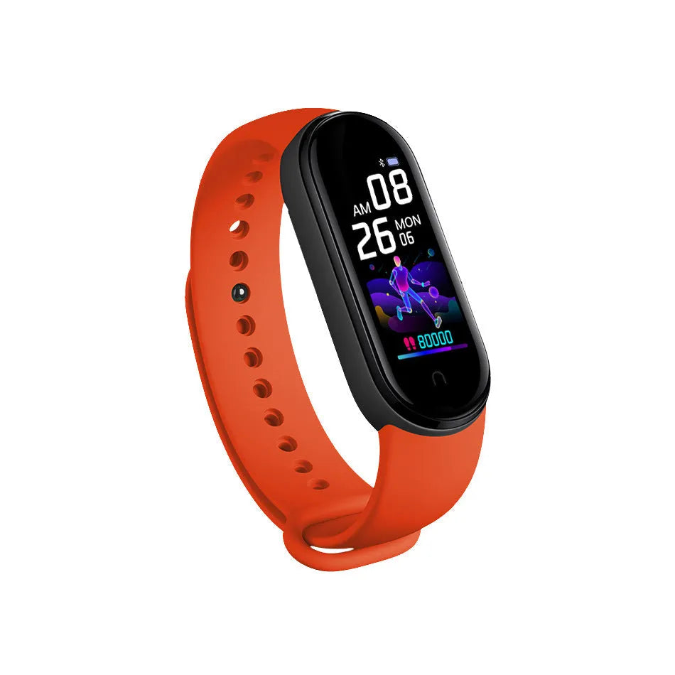 M5 smart fitness bracelet in black showing heart rate monitor on 0.96-inch touch screen.