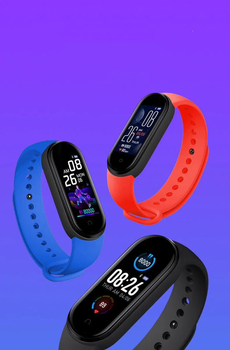 M5 smart fitness bracelet in black showing heart rate monitor on 0.96-inch touch screen.