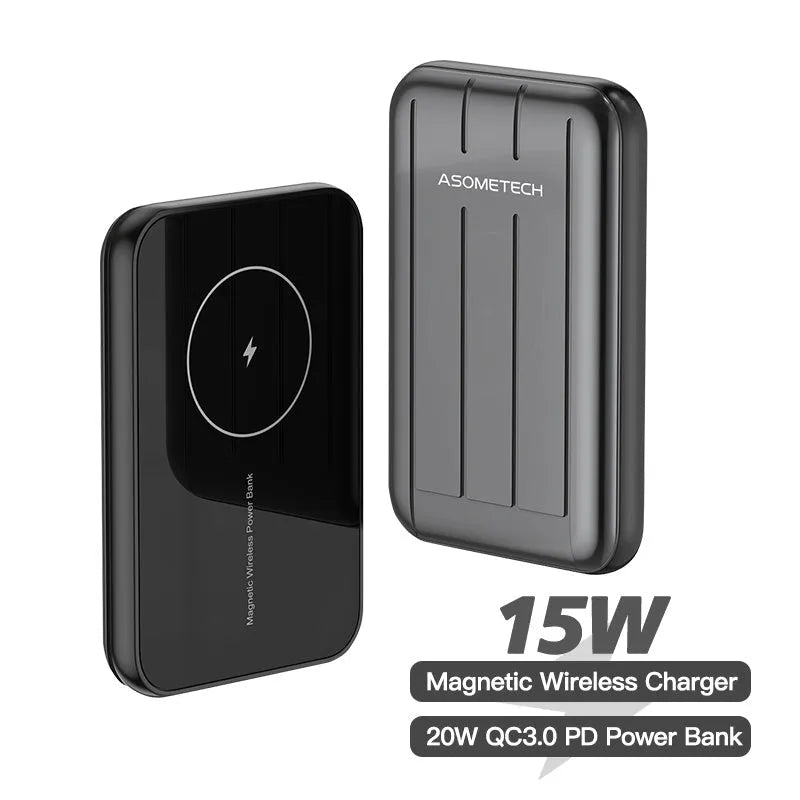 Magnetic wireless power bank in blue colour showing charging surface and USB port