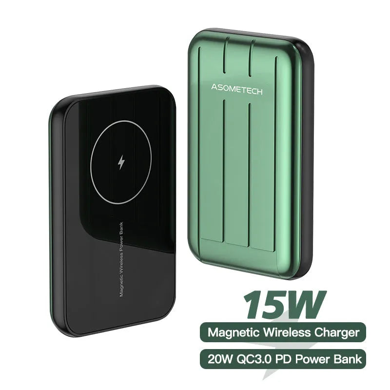 Magnetic wireless power bank in blue colour showing charging surface and USB port