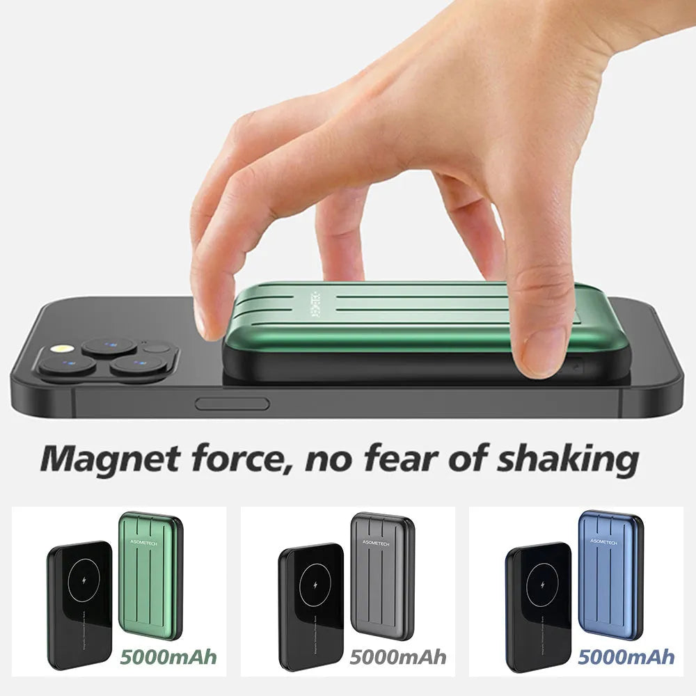Magnetic wireless power bank in blue colour showing charging surface and USB port