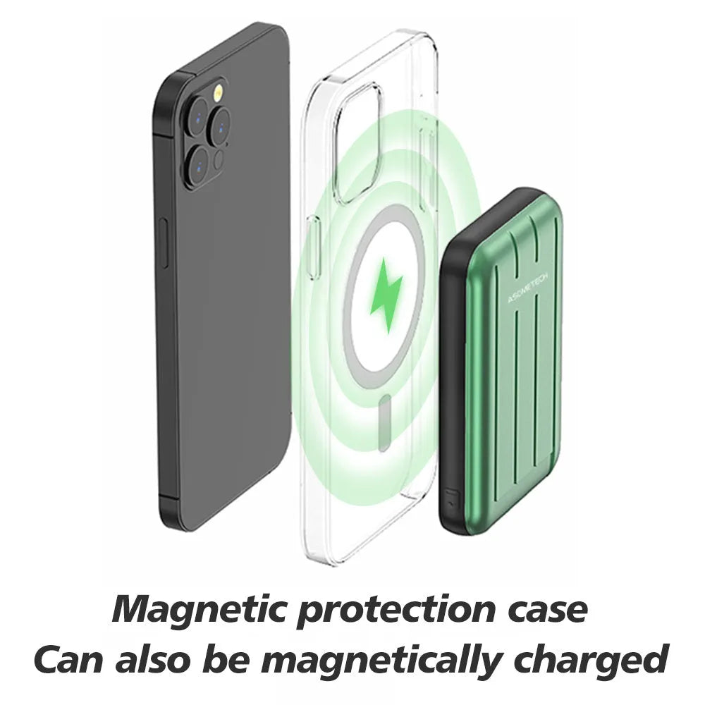 Magnetic wireless power bank in blue colour showing charging surface and USB port