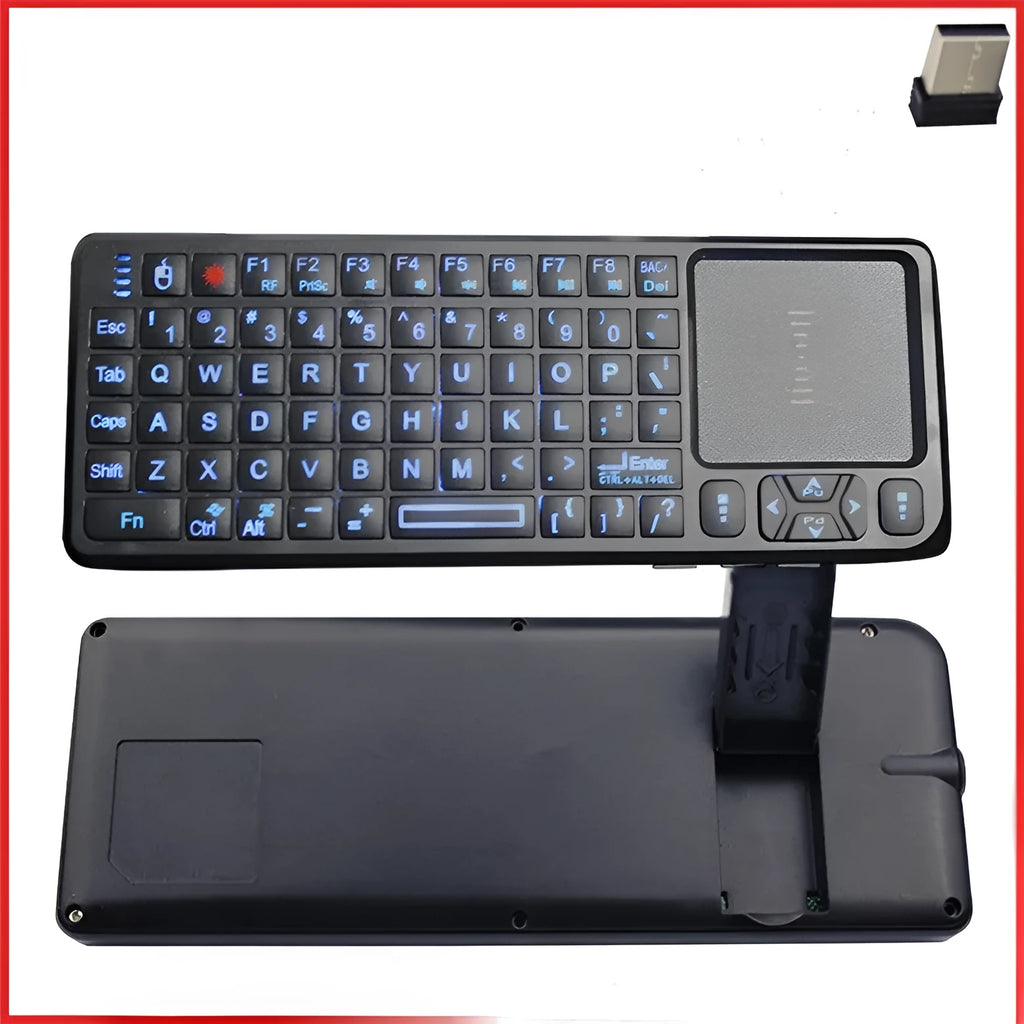 Black wireless mini keyboard with touch screen, showing compact ergonomic design and USB receiver.