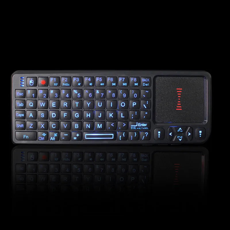 Black wireless mini keyboard with touch screen, showing compact ergonomic design and USB receiver.