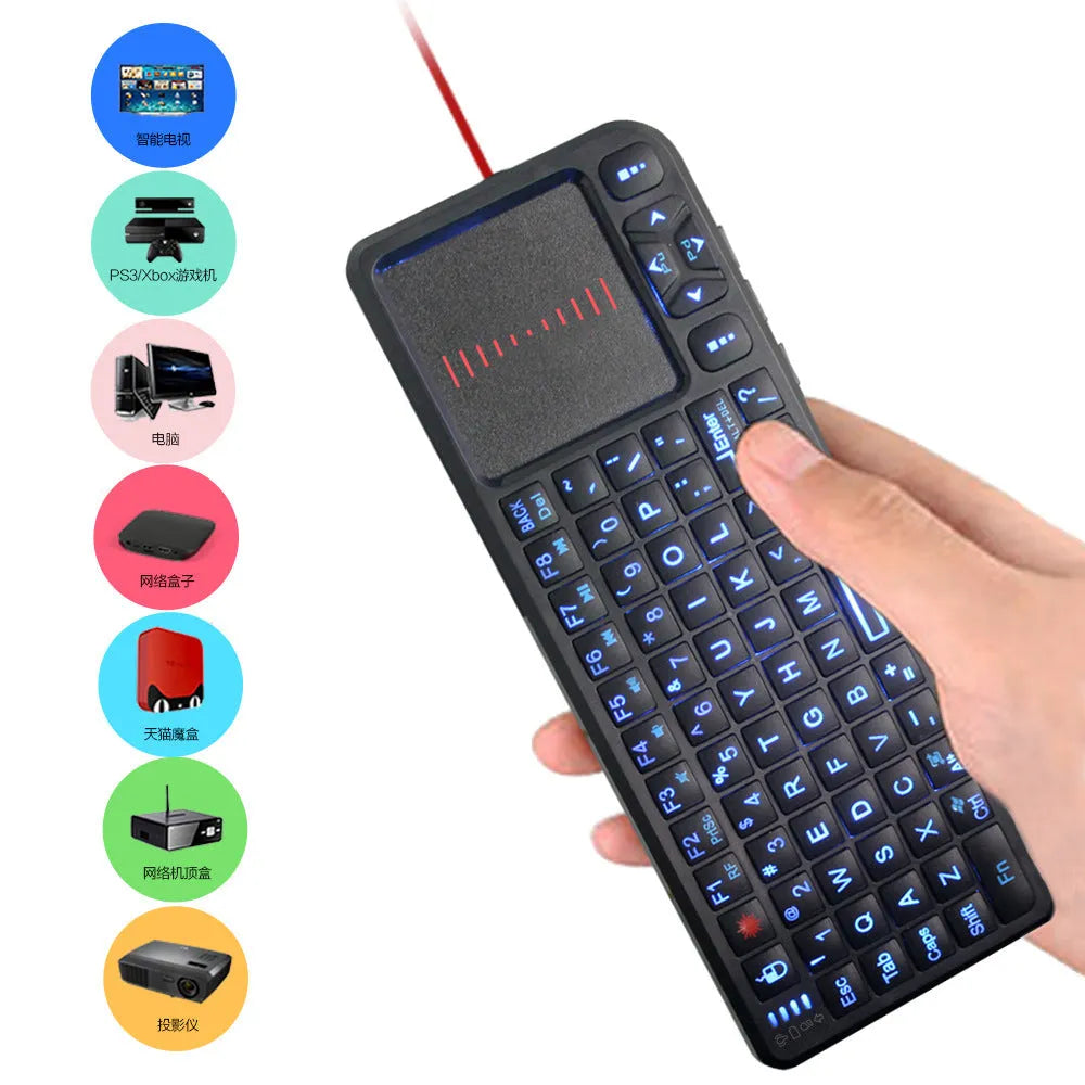 Black wireless mini keyboard with touch screen, showing compact ergonomic design and USB receiver.
