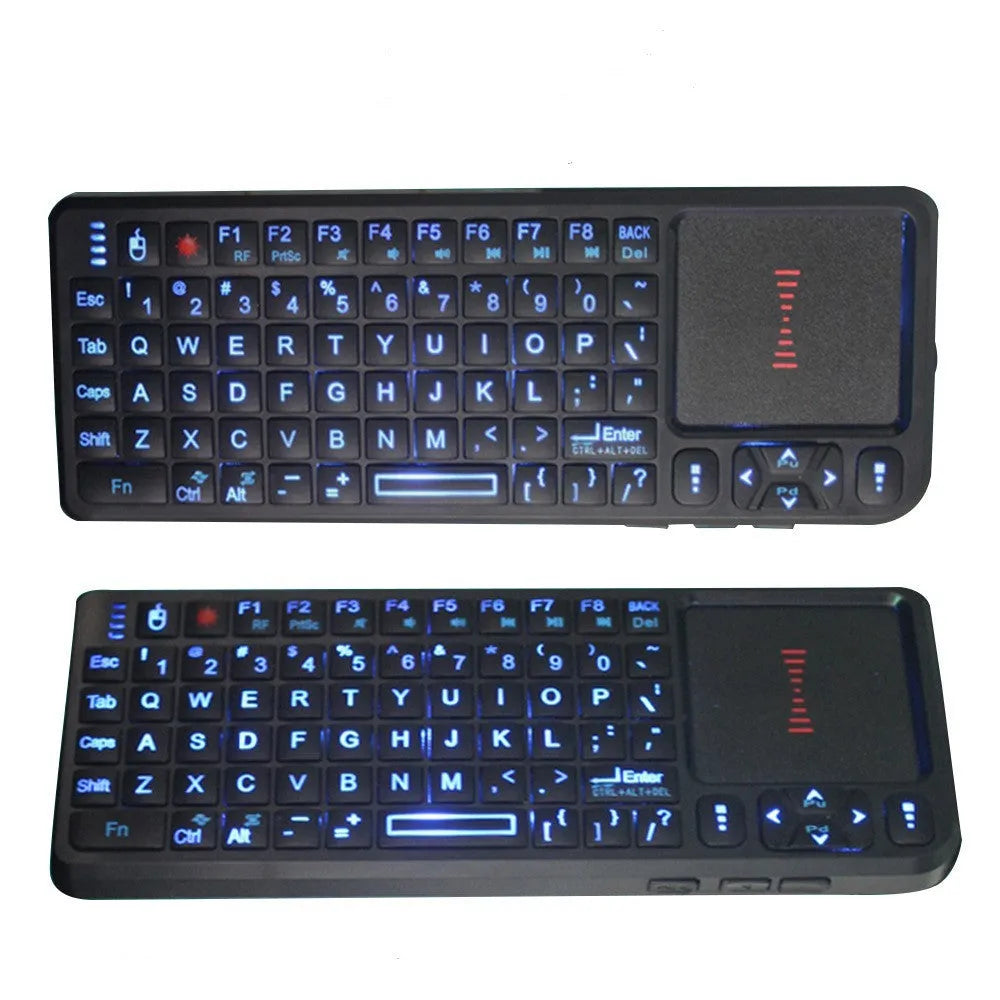 Black wireless mini keyboard with touch screen, showing compact ergonomic design and USB receiver.