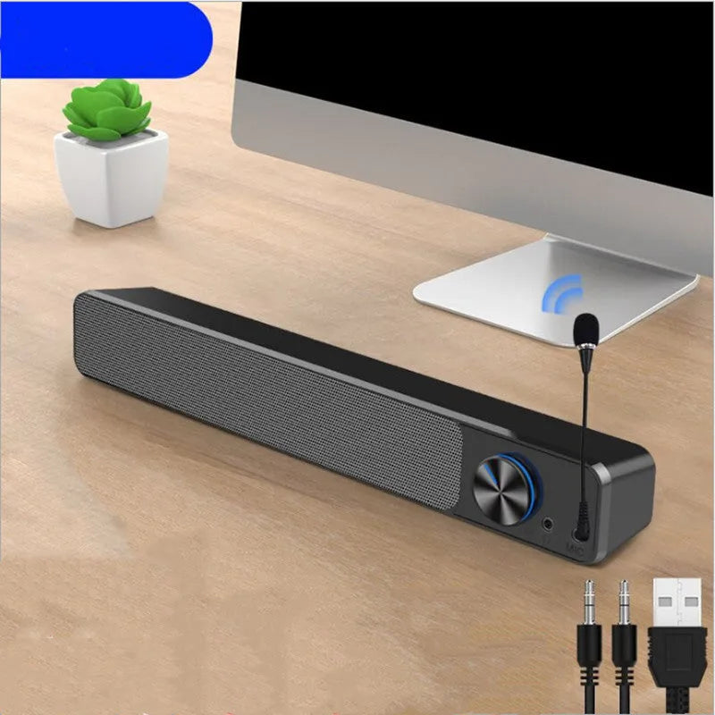 Black and white computer desktop speaker with USB and Bluetooth connectivity options