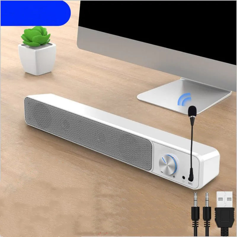Black and white computer desktop speaker with USB and Bluetooth connectivity options