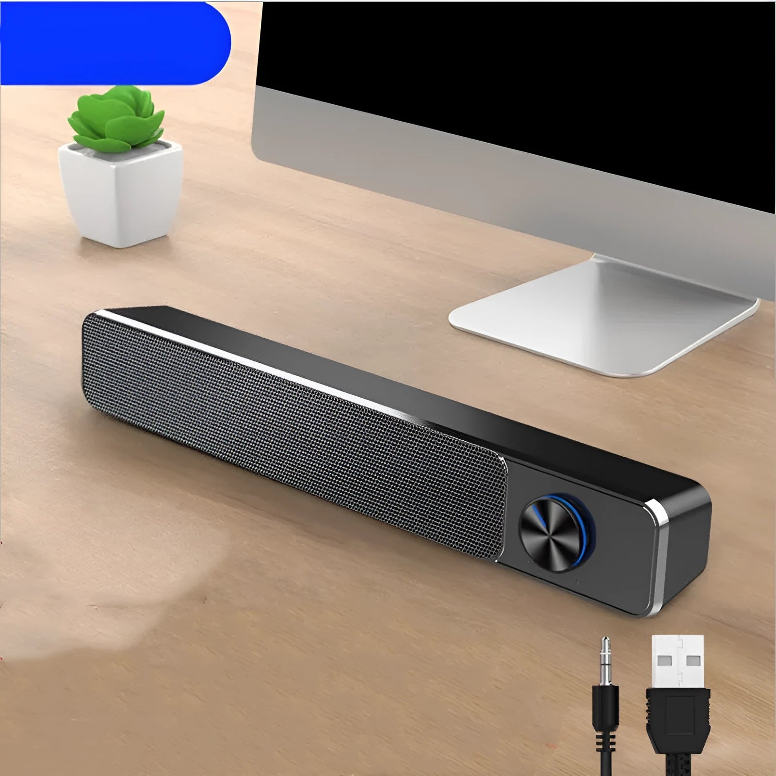 Black and white computer desktop speaker with USB and Bluetooth connectivity options