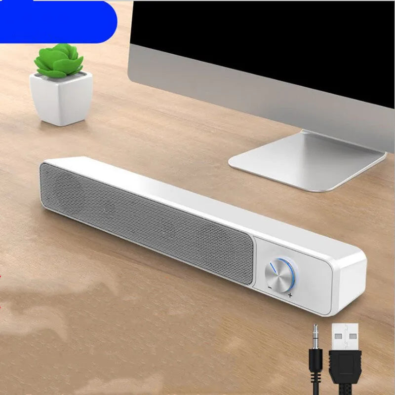 Black and white computer desktop speaker with USB and Bluetooth connectivity options