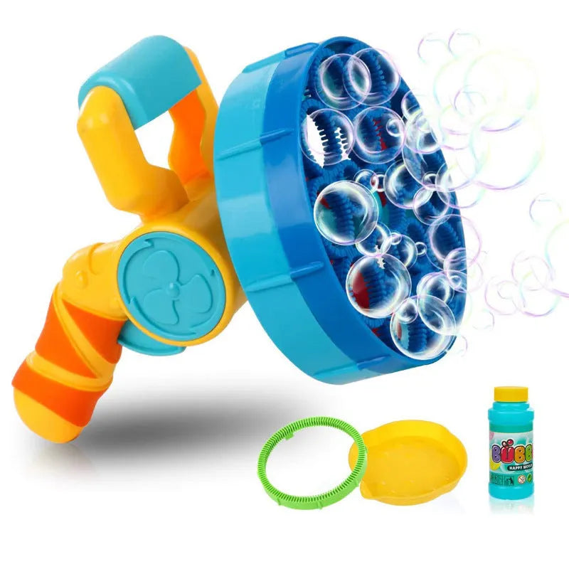 Two 2 in 1 automatic bubble machines in blue and yellow on a green background, with bubbles in the air