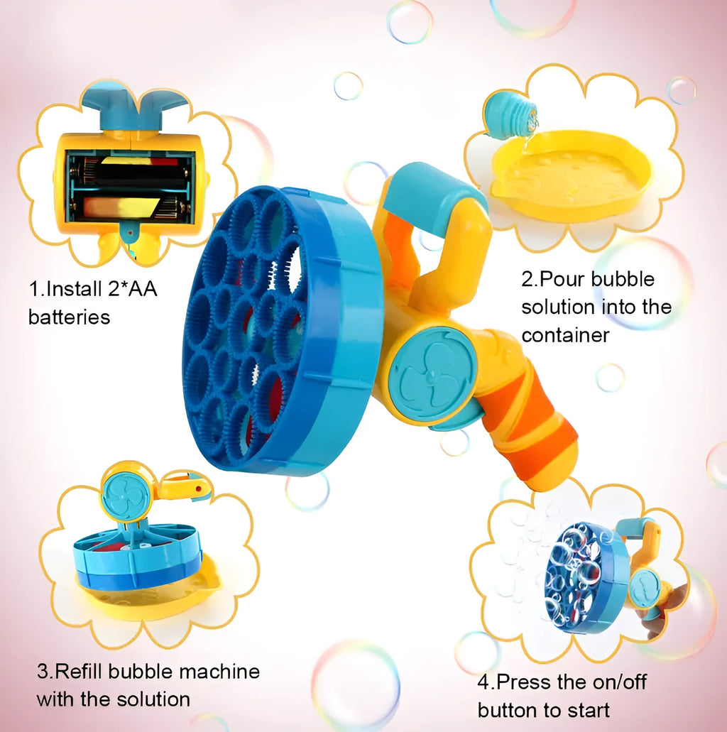Two 2 in 1 automatic bubble machines in blue and yellow on a green background, with bubbles in the air