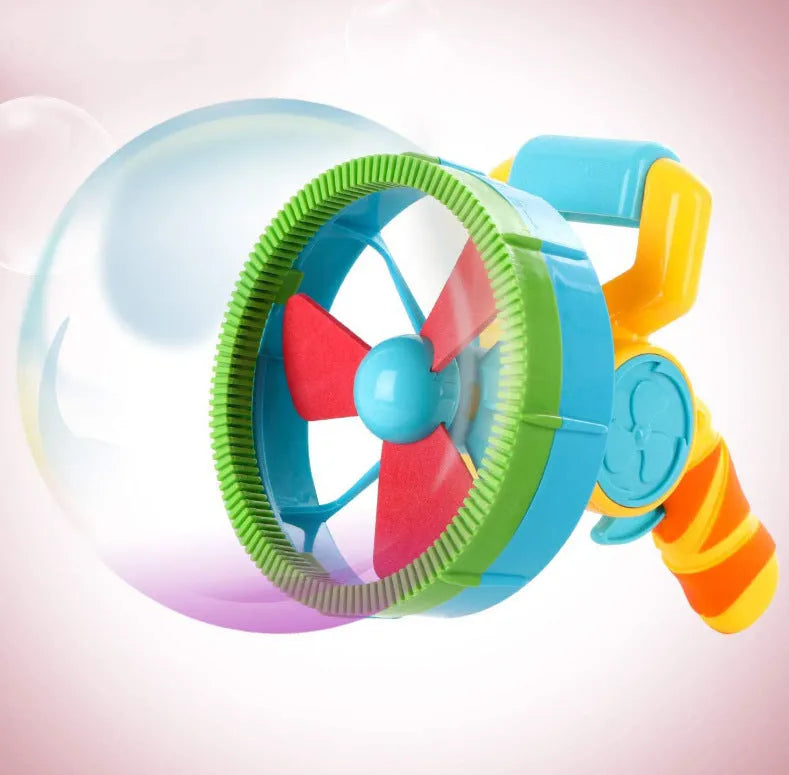 Two 2 in 1 automatic bubble machines in blue and yellow on a green background, with bubbles in the air
