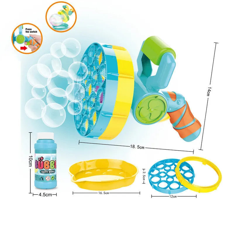 Two 2 in 1 automatic bubble machines in blue and yellow on a green background, with bubbles in the air