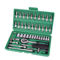 Green plastic box containing 46-piece metric car repair tool set with ratchet wrench and torque wrench