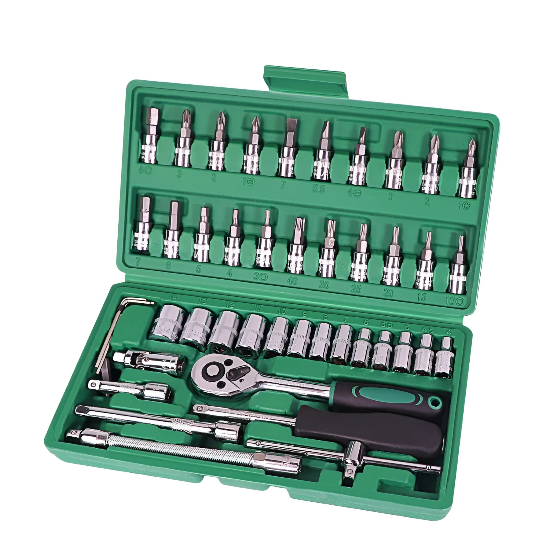 Green plastic box containing 46-piece metric car repair tool set with ratchet wrench and torque wrench