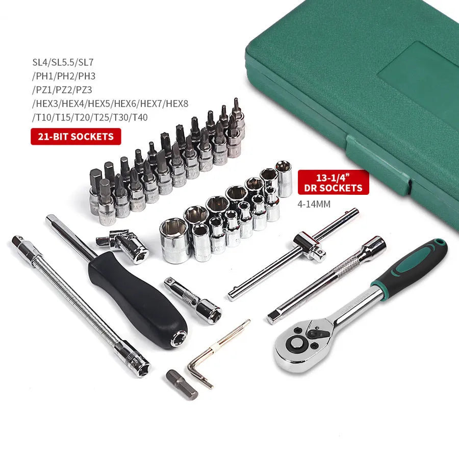 Green plastic box containing 46-piece metric car repair tool set with ratchet wrench and torque wrench