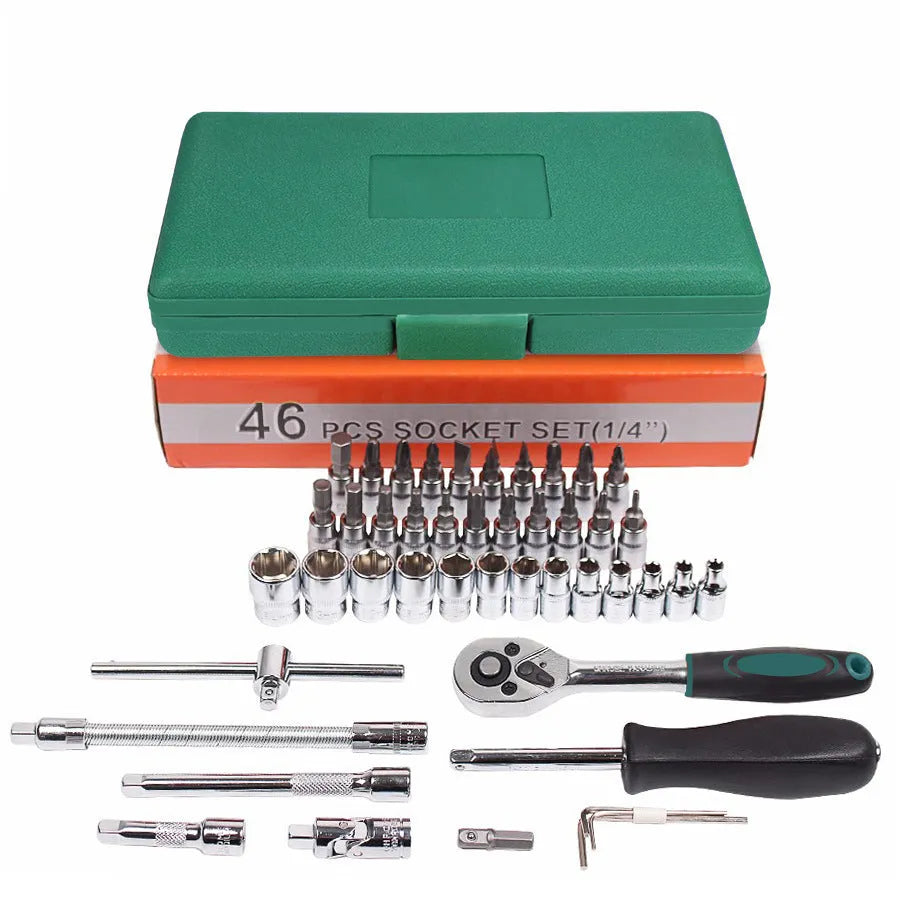 Green plastic box containing 46-piece metric car repair tool set with ratchet wrench and torque wrench