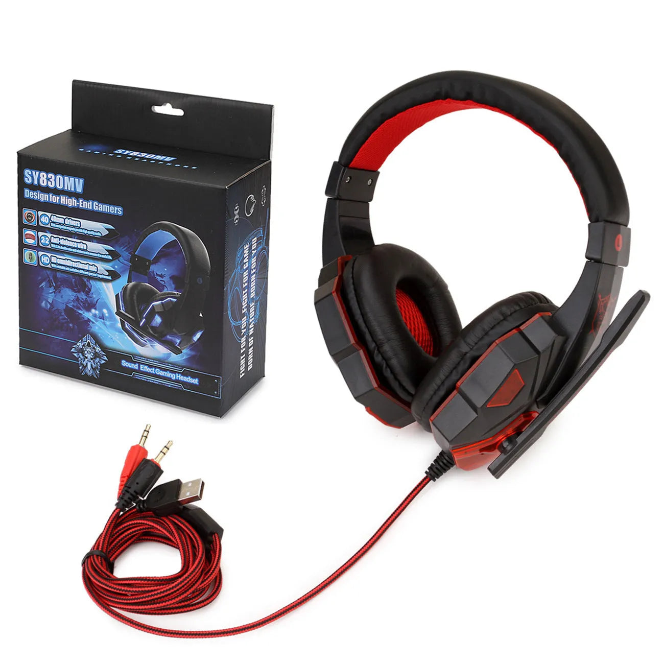 RGB light-up gaming headset with braided cable and tanned leather ear cushions in black and red colour option