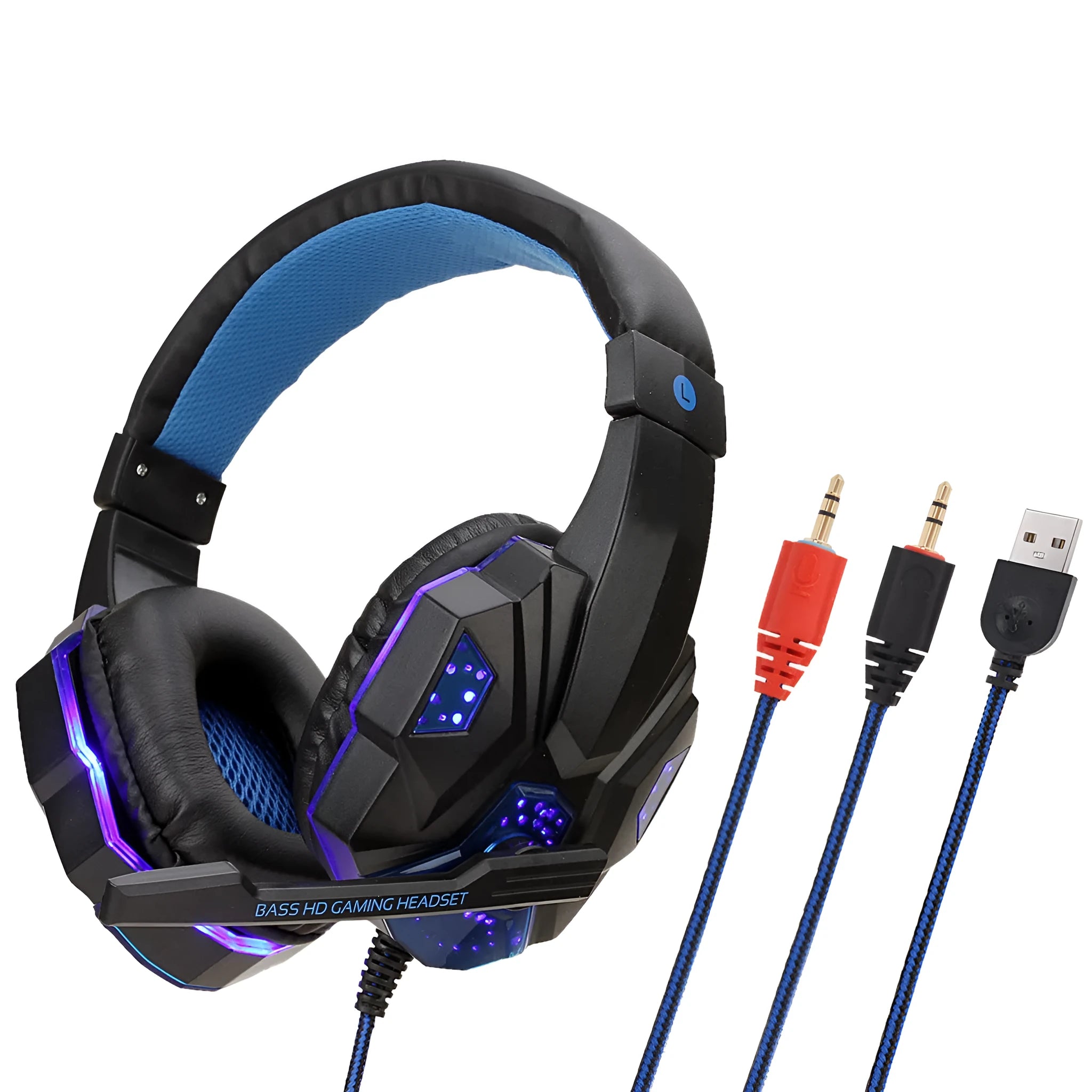 RGB light-up gaming headset with braided cable and tanned leather ear cushions in black and red colour option