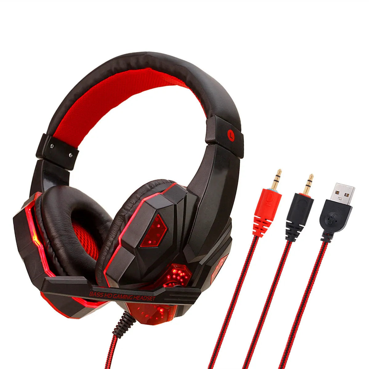 RGB light-up gaming headset with braided cable and tanned leather ear cushions in black and red colour option
