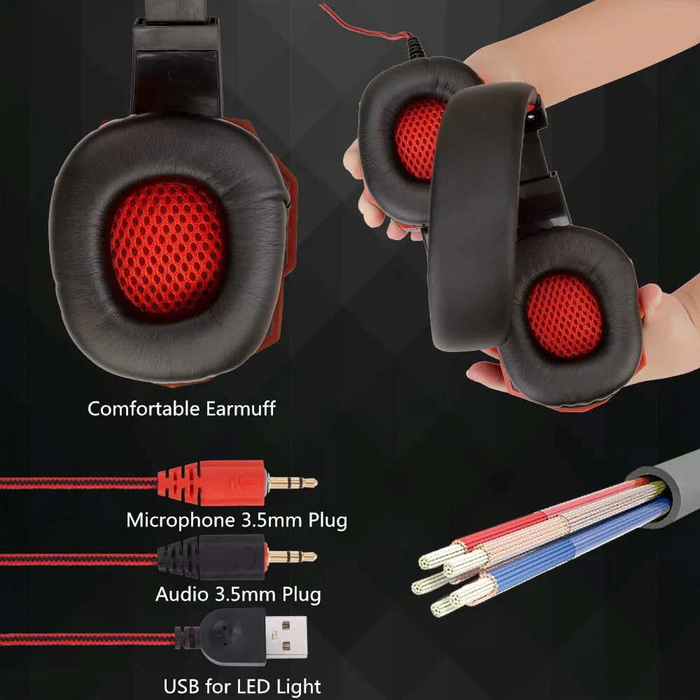 RGB light-up gaming headset with braided cable and tanned leather ear cushions in black and red colour option