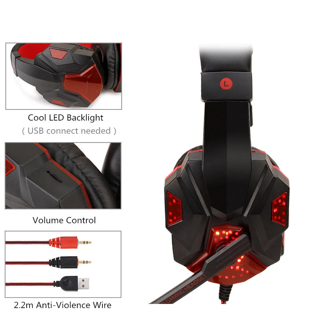 RGB light-up gaming headset with braided cable and tanned leather ear cushions in black and red colour option