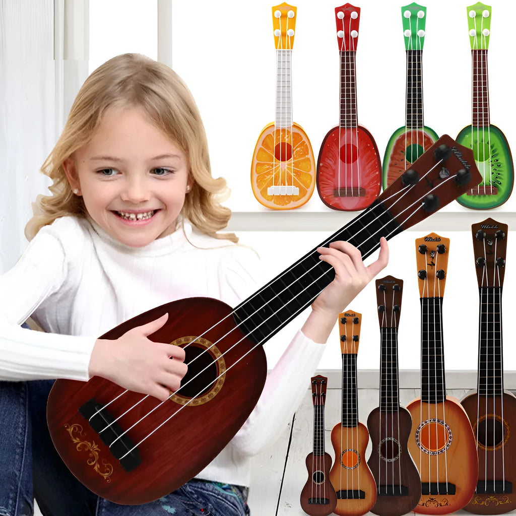Children's simulation ukulele toy with retro guitar styling in safety plastic construction