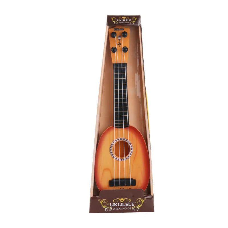 Children's simulation ukulele toy with retro guitar styling in safety plastic construction