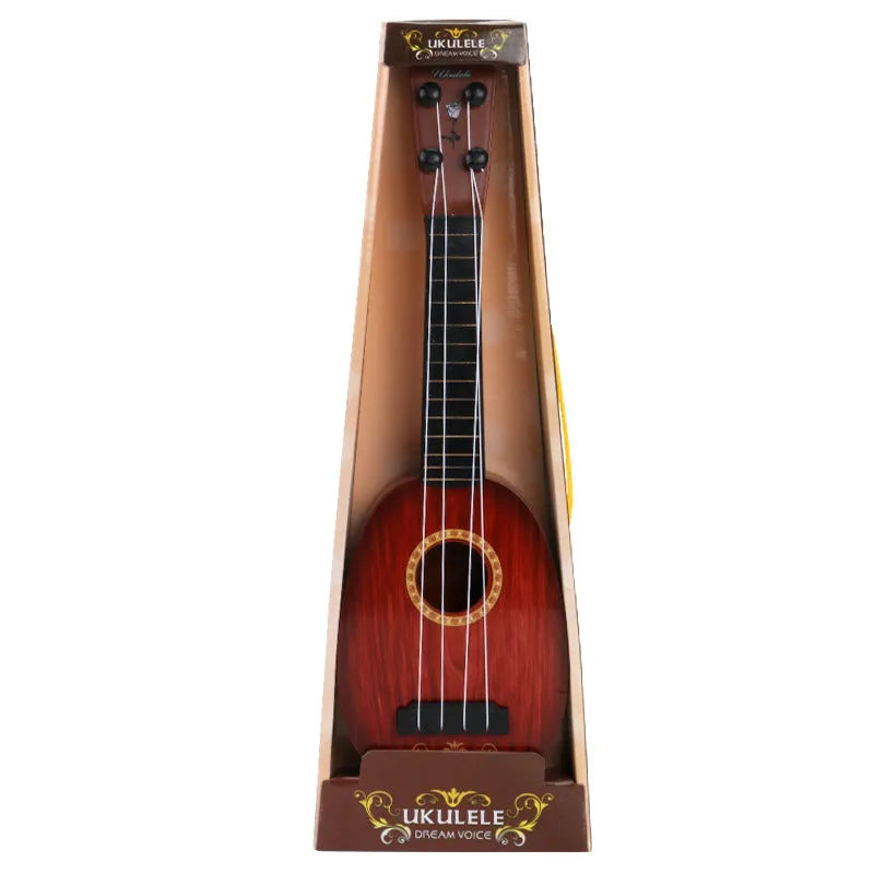 Children's simulation ukulele toy with retro guitar styling in safety plastic construction
