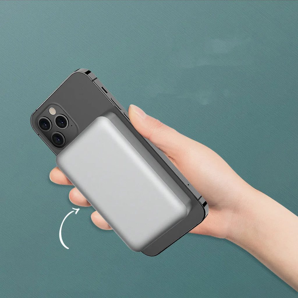 Silver aluminium Apple magnetic wireless power bank showing USB-C port and dimensions 64x96x12mm.
