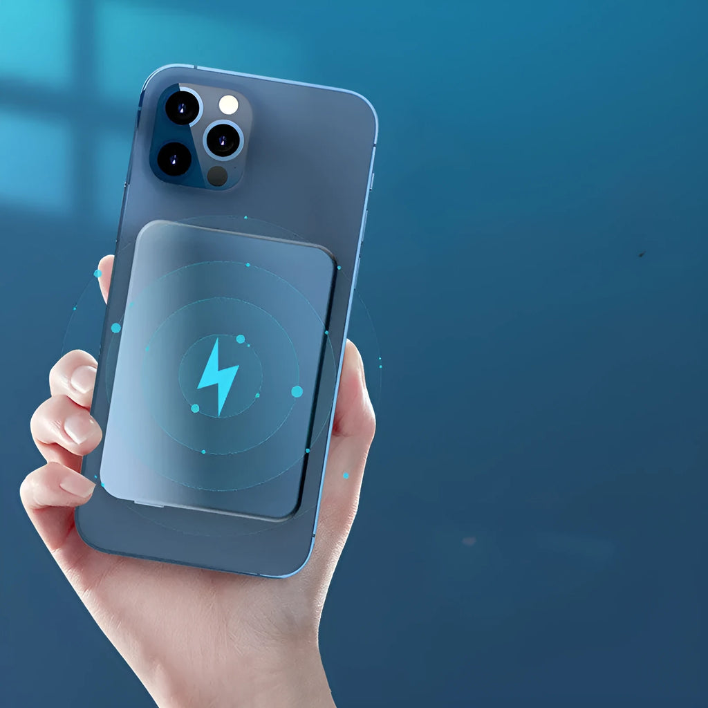 Silver aluminium Apple magnetic wireless power bank showing USB-C port and dimensions 64x96x12mm.