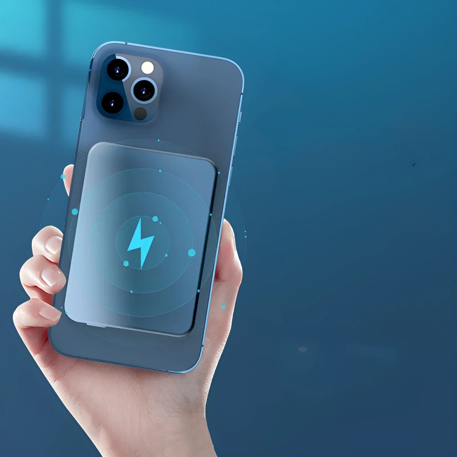 Silver aluminium Apple magnetic wireless power bank showing USB-C port and dimensions 64x96x12mm.