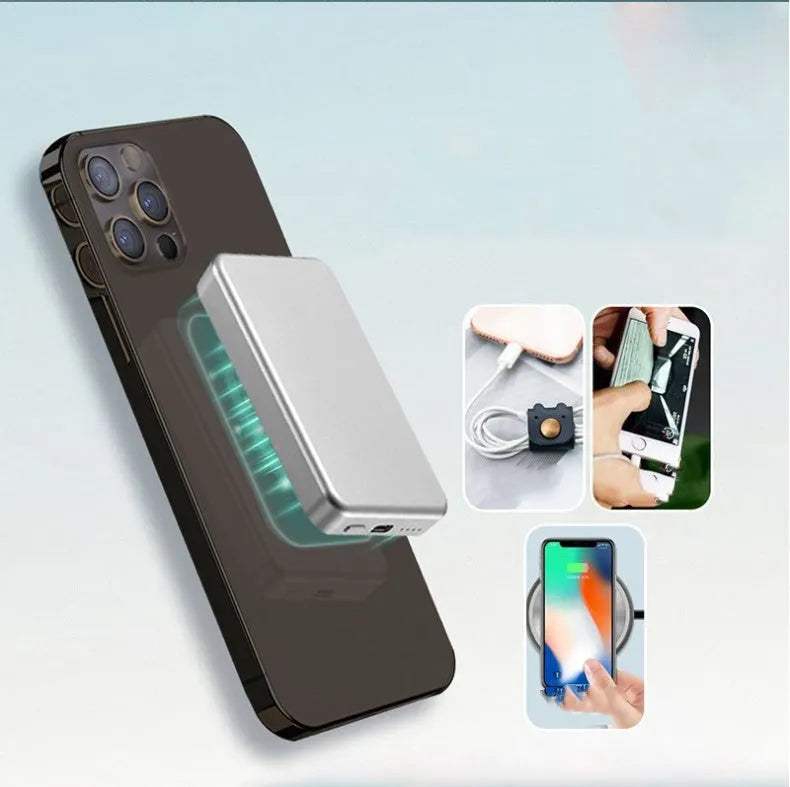 Silver aluminium Apple magnetic wireless power bank showing USB-C port and dimensions 64x96x12mm.