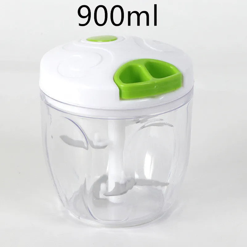 Green manual kitchen chopper with three blades, measuring approximately 13cm long