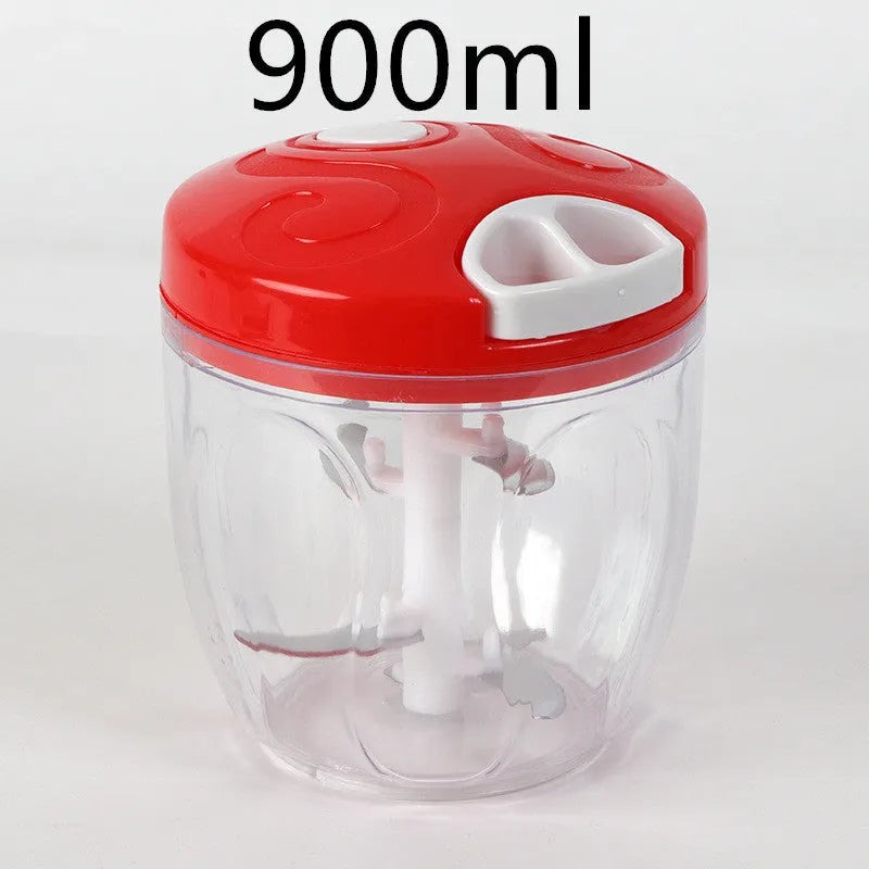 Green manual kitchen chopper with three blades, measuring approximately 13cm long