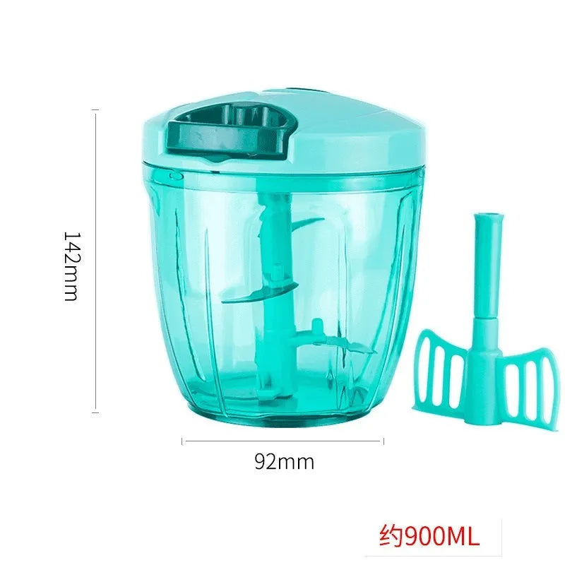 Green manual kitchen chopper with three blades, measuring approximately 13cm long