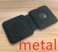 White folding dual magnetic wireless charging dock in stand mode with phone attached