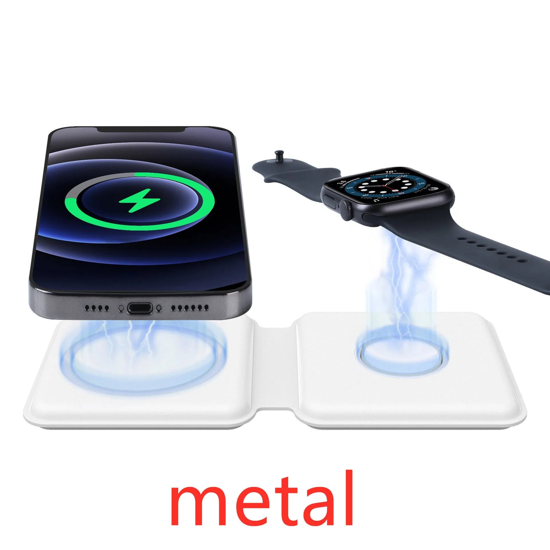 White folding dual magnetic wireless charging dock in stand mode with phone attached