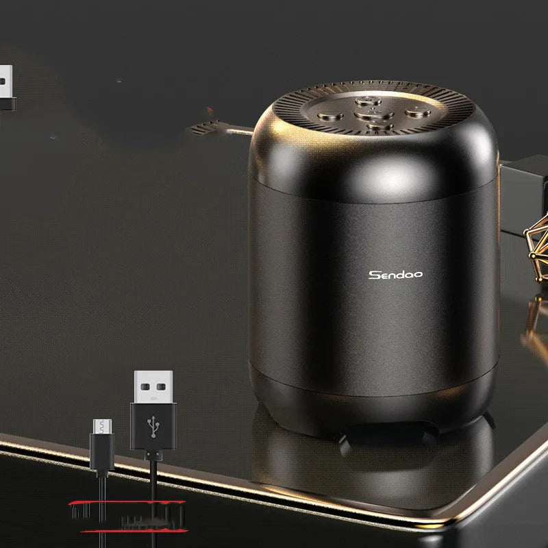Compact black wireless Bluetooth speaker with super subwoofer measuring 90x73x73mm
