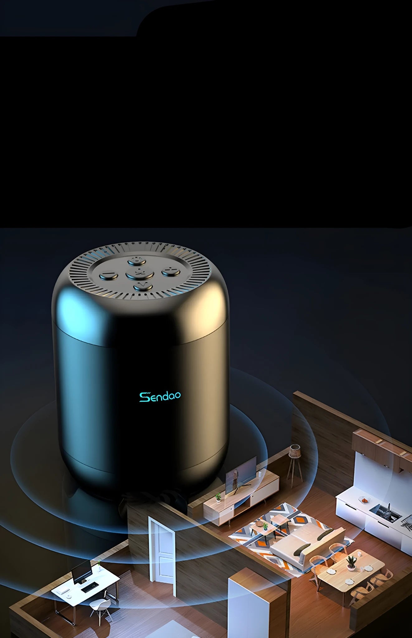 Compact black wireless Bluetooth speaker with super subwoofer measuring 90x73x73mm