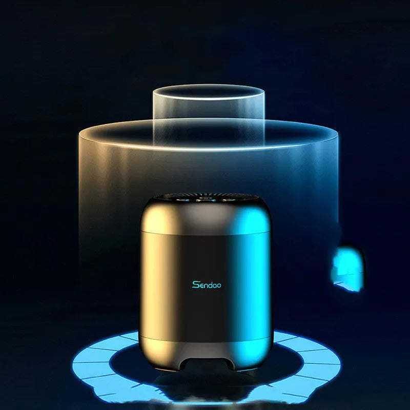 Compact black wireless Bluetooth speaker with super subwoofer measuring 90x73x73mm
