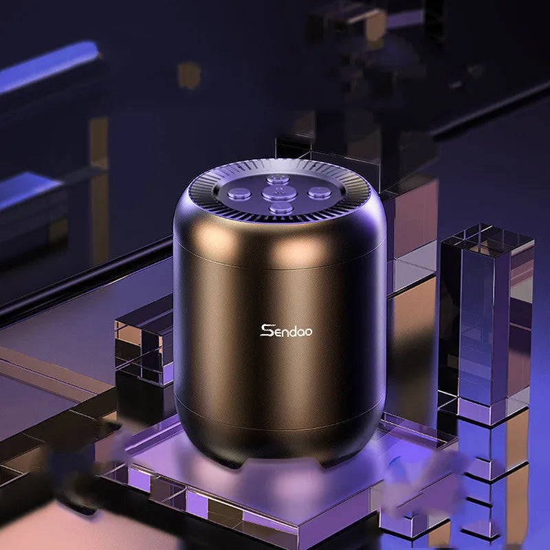 Compact black wireless Bluetooth speaker with super subwoofer measuring 90x73x73mm